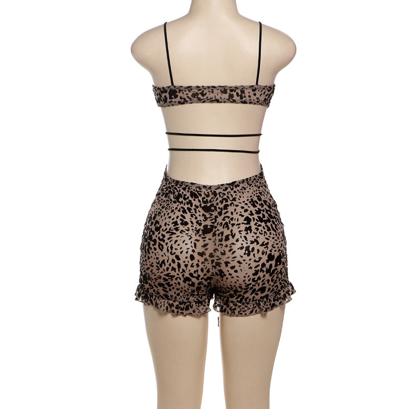 MB1502 Leopard Print Lace-Up Sheer Romper