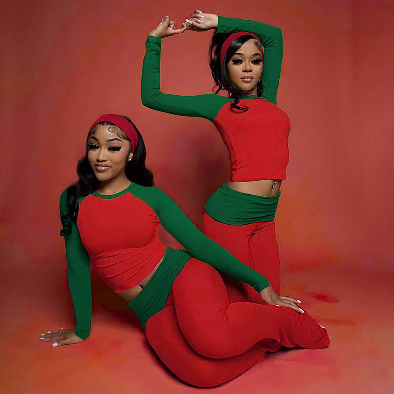 MB1820 Color Block Top & Flare Pants 2 Piece Set with Headband