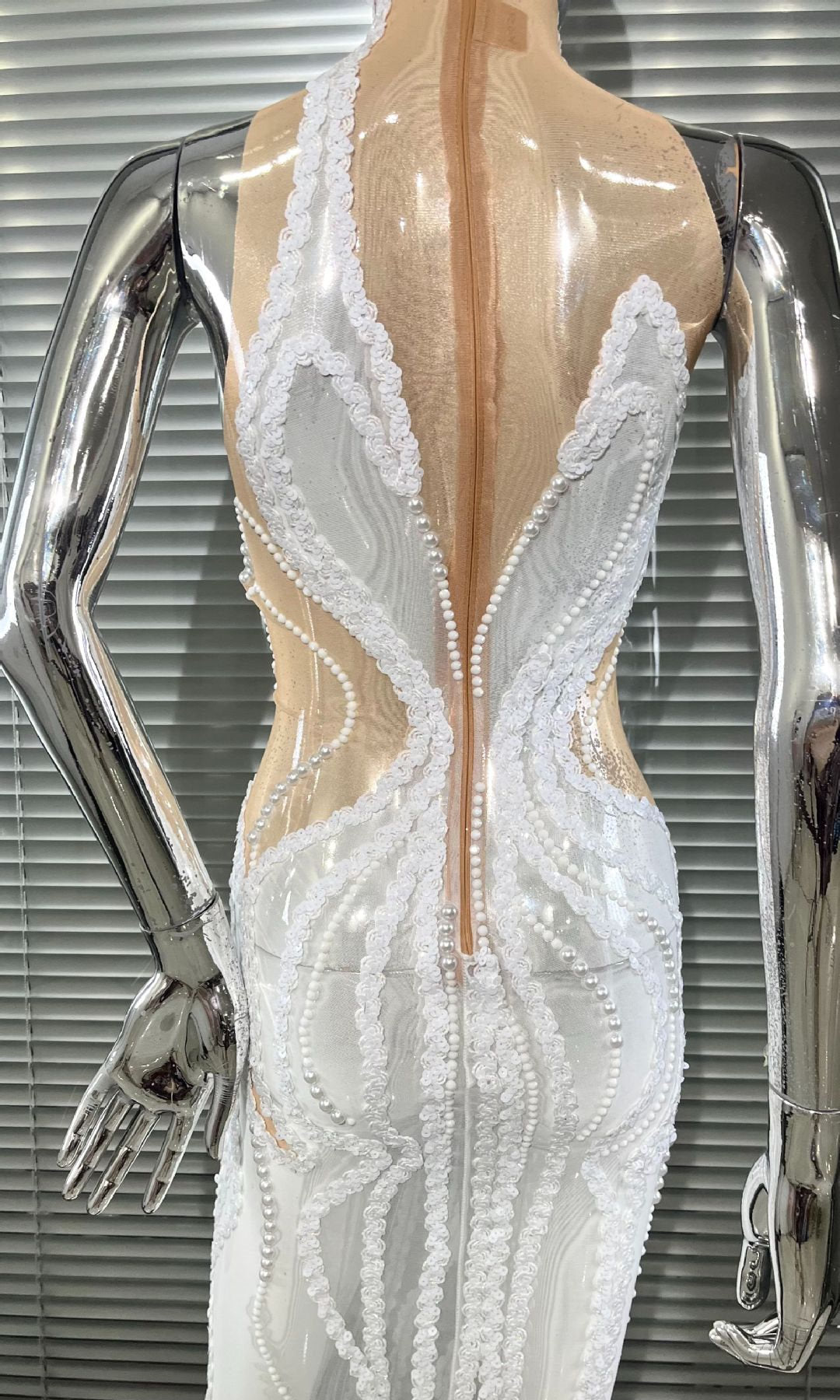 MB2105 White Sequin Mesh Maxi Dress, High Neck Sheer Bodycon Party Gown
