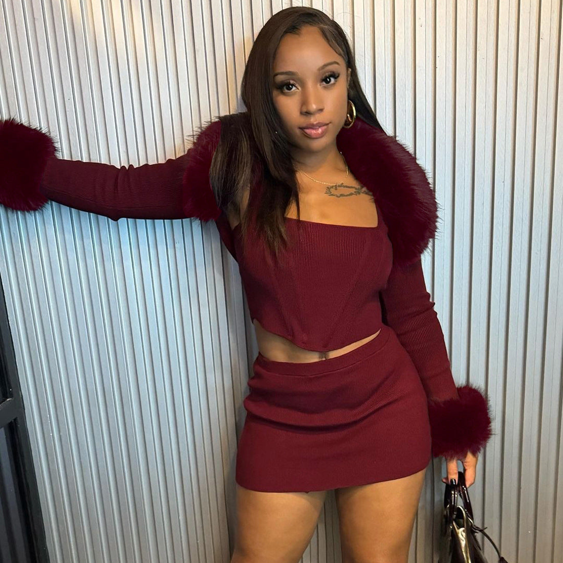 MB1813 Women's Faux Fur 3-Piece Set Crop Top Mini Skirt Long Sleeve Shrug