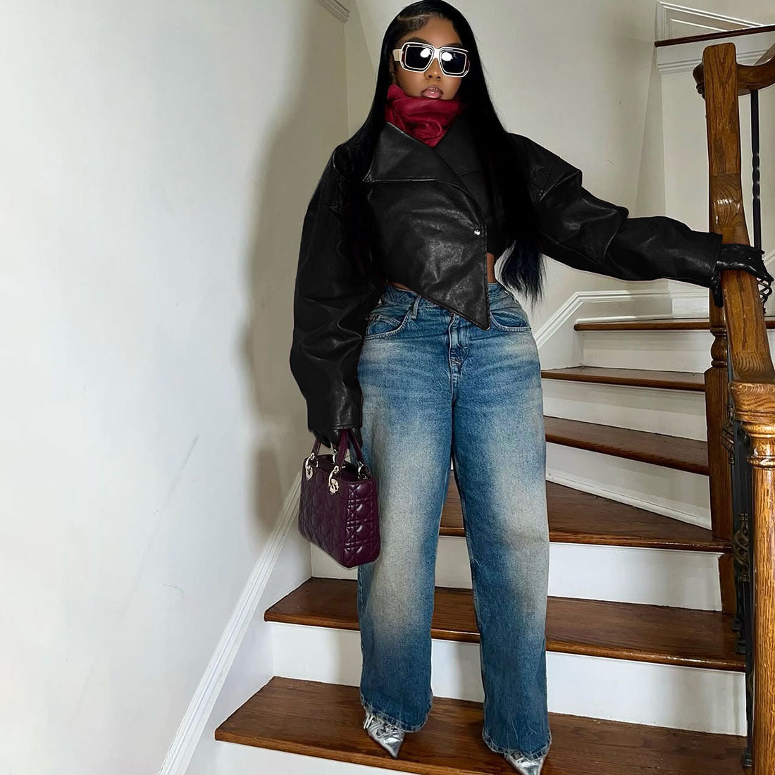 MB1131 PU Leather Cropped Blazer for Women