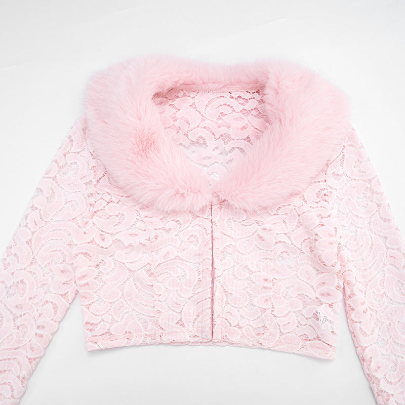 MB10110 Pink Lace Faux Fur Collar Long Sleeve Cropped Top