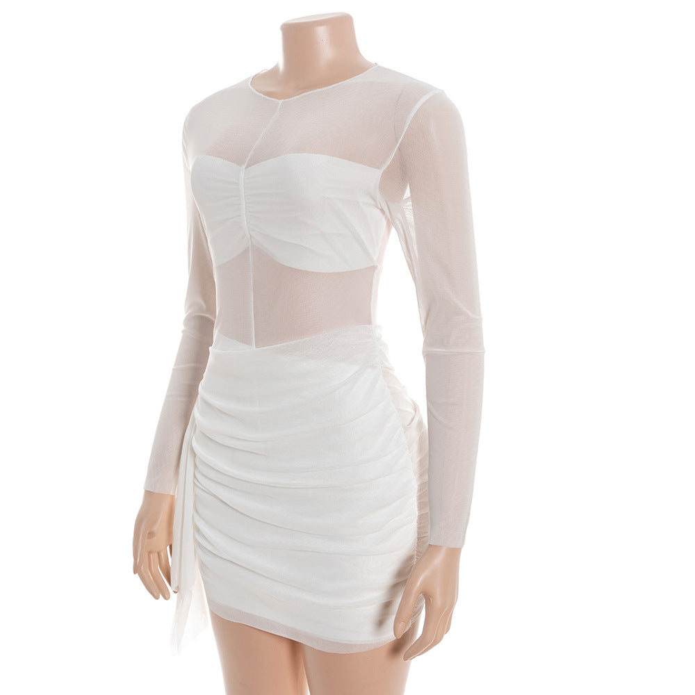 MB1316 Sheer Mesh Long Sleeve Ruched Mini Party Dress for Women