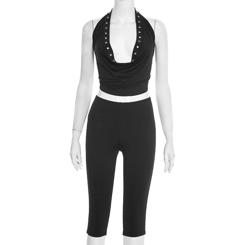 MB10158 Women's Halter Neck Crop Top and Capri Pants 2 Piece Set