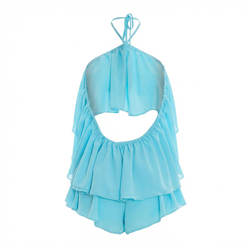 MB10162 Ruffle Halter Two-Piece Set – Backless Crop Top & Ruffle Shorts