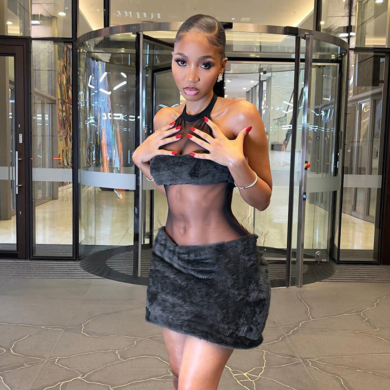 MB1061 Backless Halter Neck Mesh & Fuzzy Dress