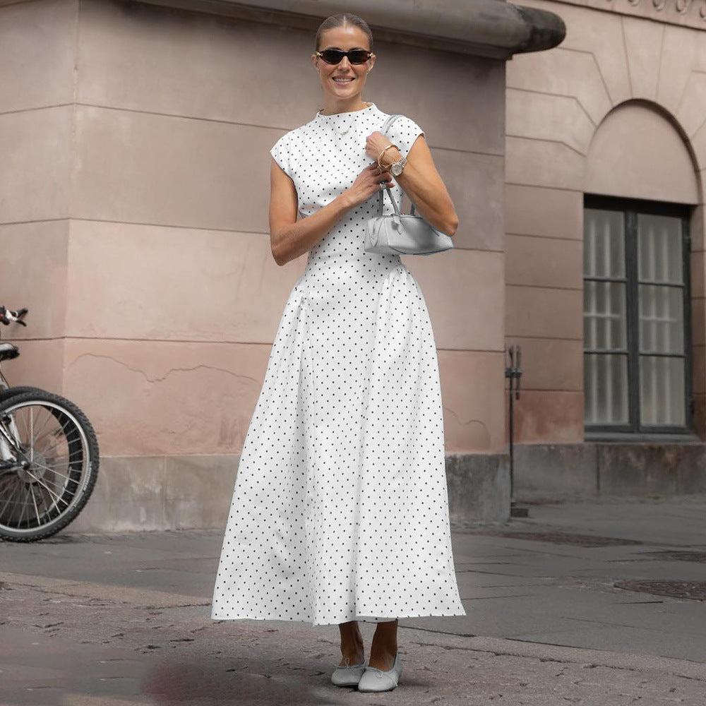 MB1323 White Black Polka Dot Cap Sleeve A-Line Midi Dress