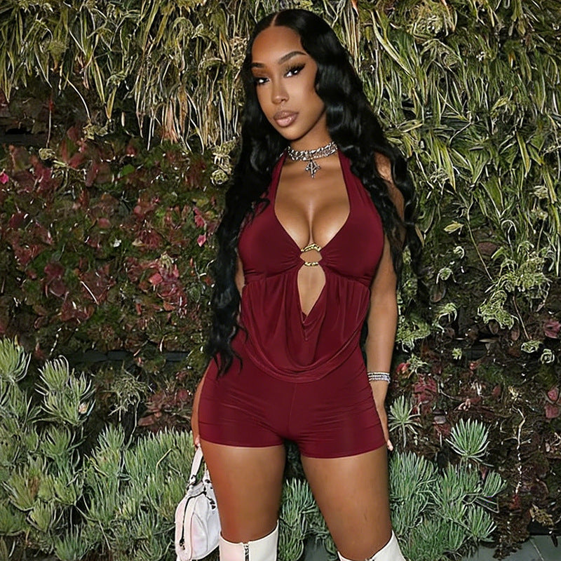 MB10167 Draped Deep V Backless Bodycon Short Jumpsuit