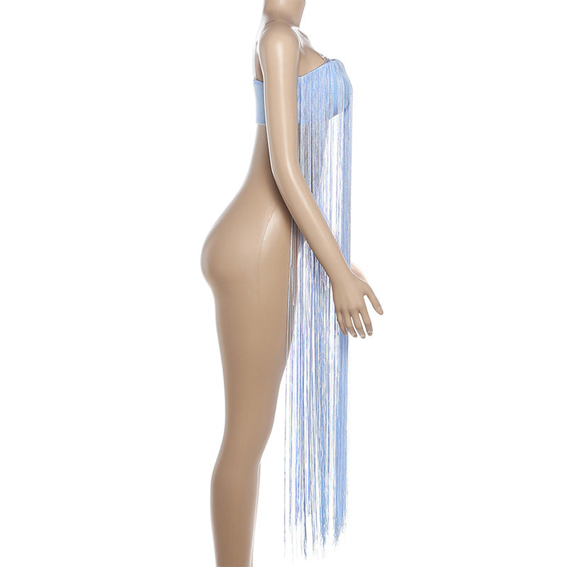 MB1521 Light Blue Fringe Strapless Crop Top for Women