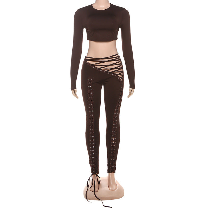 MB1810 Fitted Crop Top & Lace-Up Pants Two-Piece Outfit