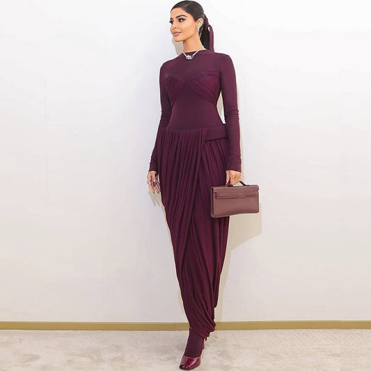 MB1518 Burgundy Mesh Ruched Long Sleeve Maxi Dress