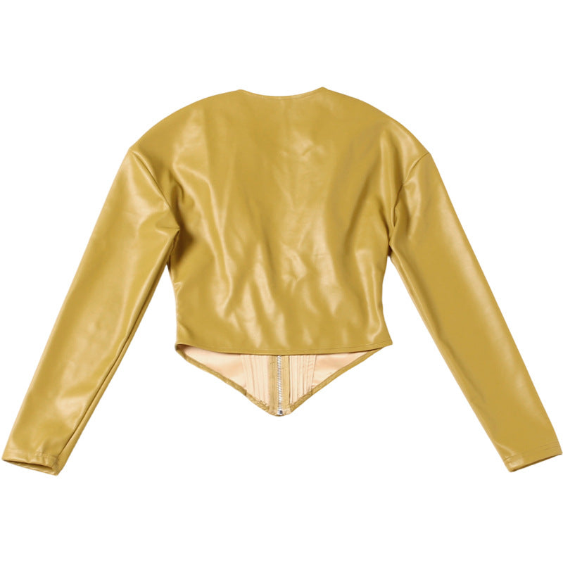 MB1840 Mustard Faux Leather Corset Crop Top | Long Sleeve Zip-Up Blouse