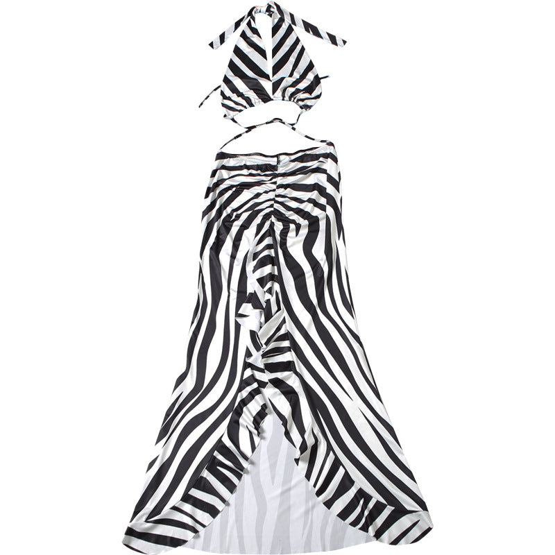 MB1163 Women's Zebra Print Halter Neck Two Piece Long Dress Set
