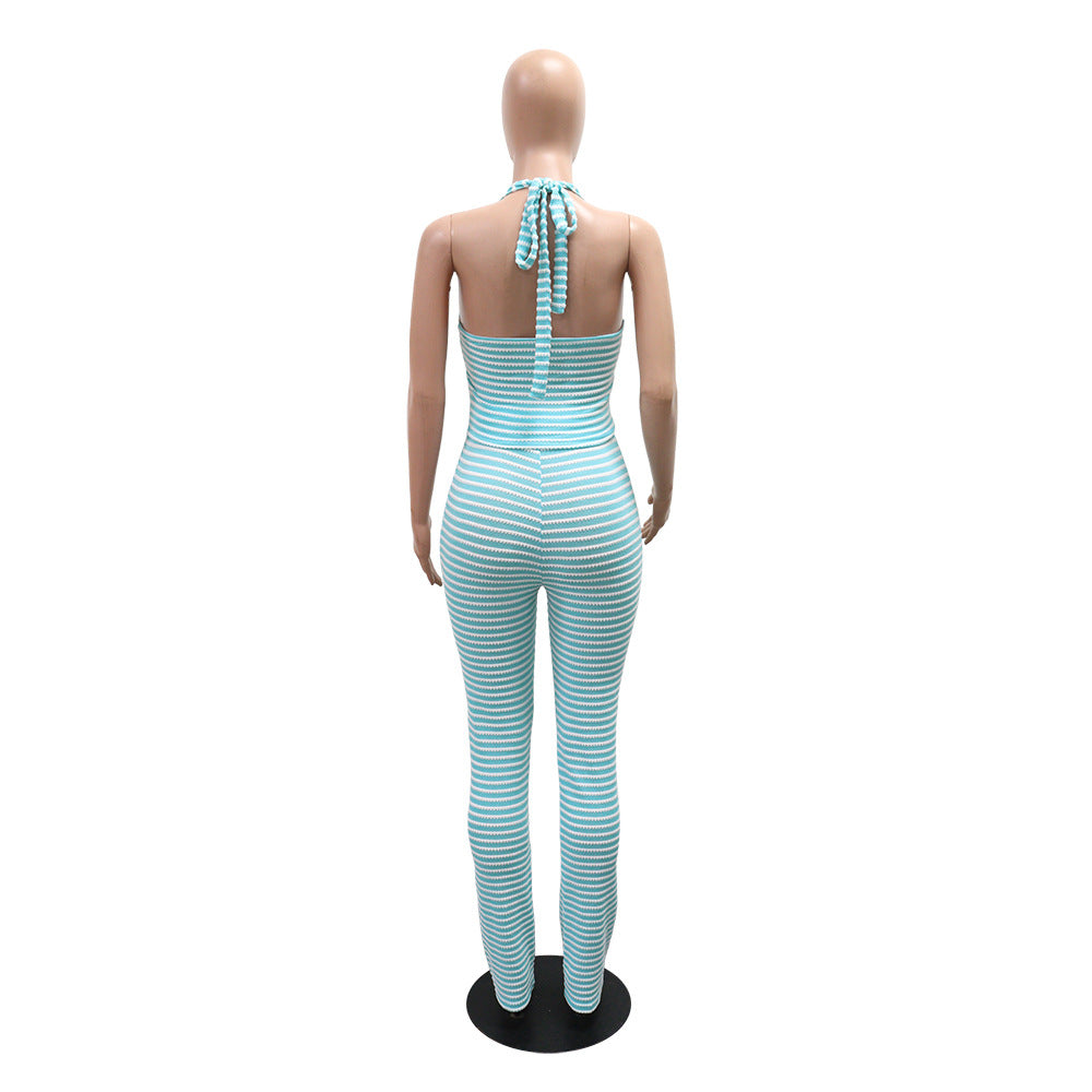 MB1220 Jacquard Stripe Crop Top & Wide Leg Pants Two Piece Set