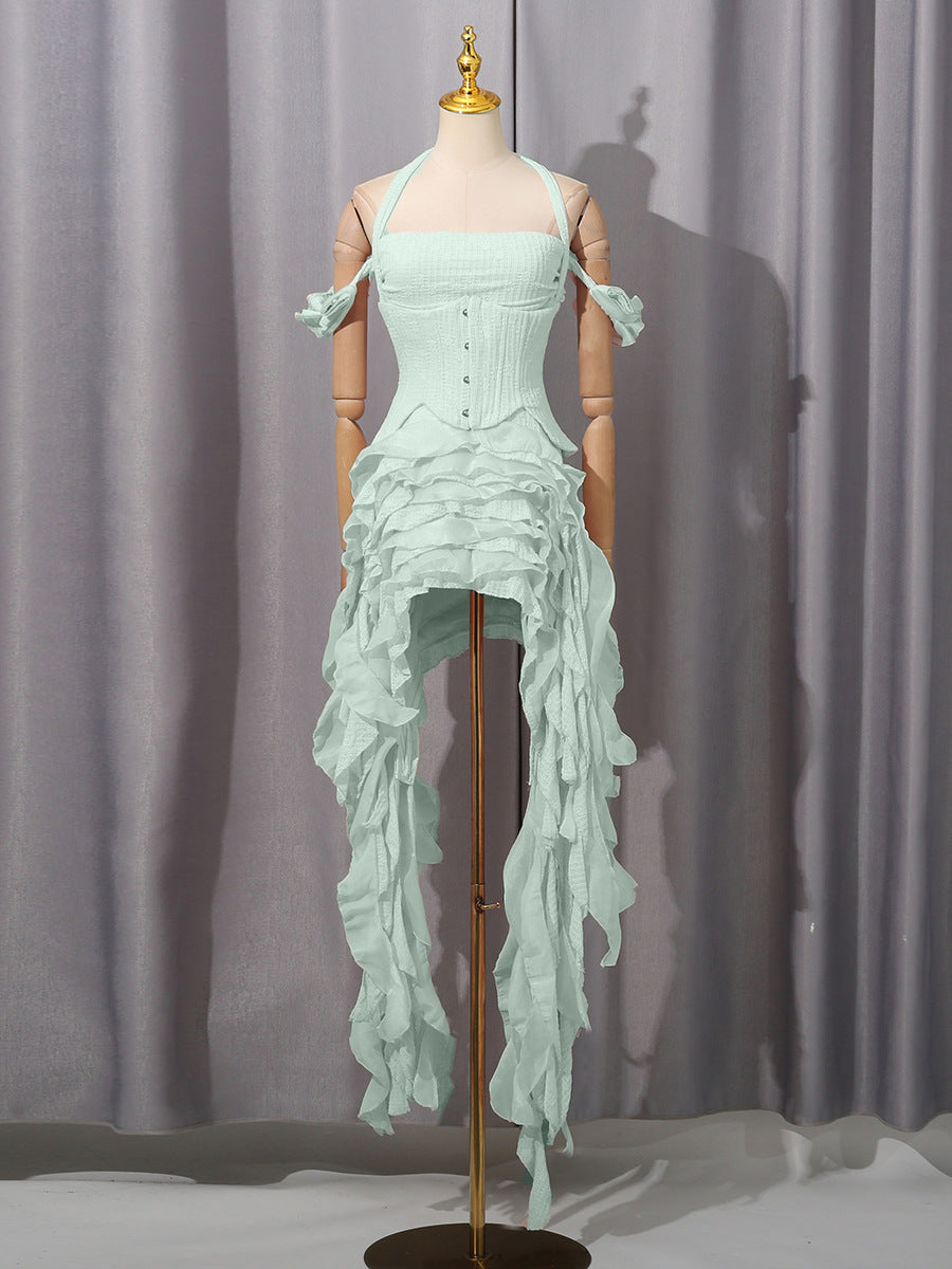 MB2002  Halter Neck Ruffle Fringe Mini Dress - Corset Backless Party Dress for Women 
