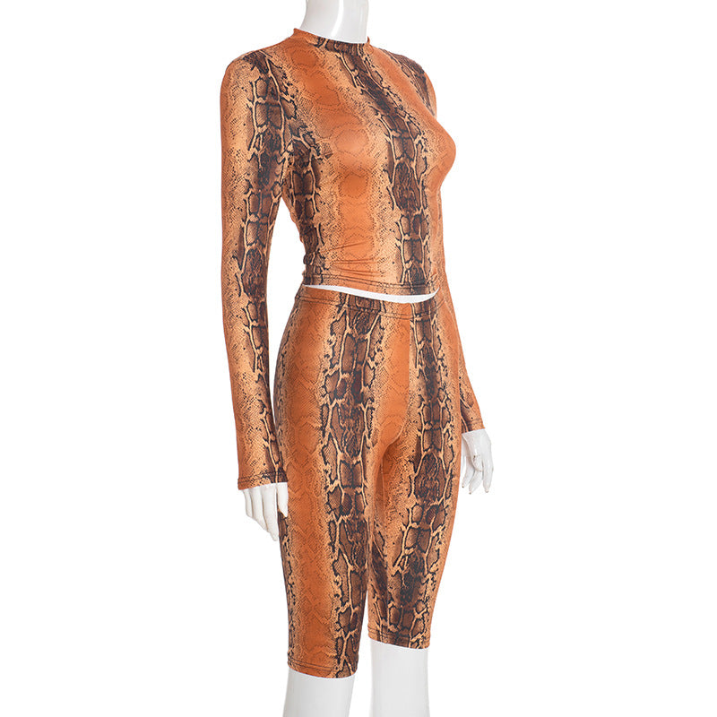 MB10144 Women’s Snake Print Crop Top & Biker Shorts 2-Piece Set