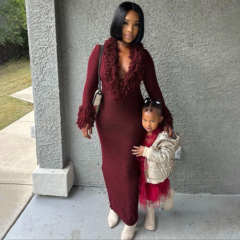 MB1806 Women's Burgundy Deep V Fringe Trim Ribbed Knit Midi Dress