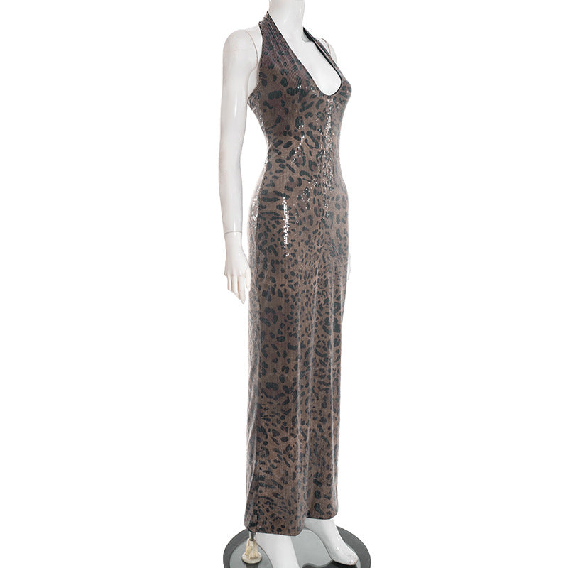 MB10108 Leopard Sequin Halter Backless Maxi Dress