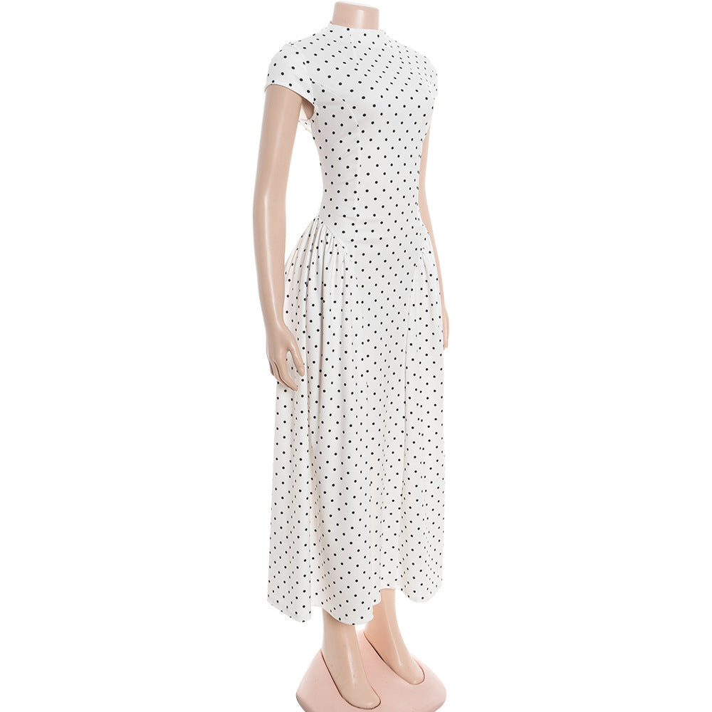 MB1323 White Black Polka Dot Cap Sleeve A-Line Midi Dress