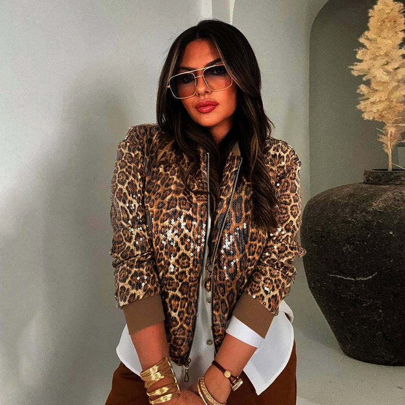 MB10142 Women’s Leopard Print Sequin Bomber Jacket