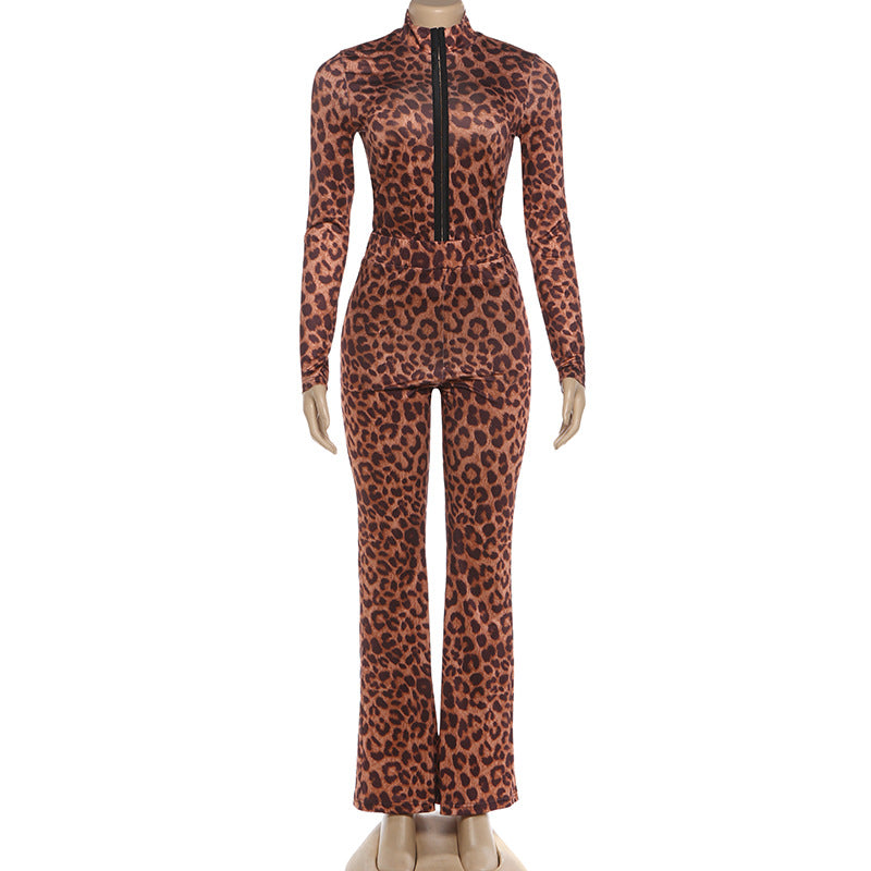 MB1160 Women's Leopard Print Long Sleeve High Neck Crop Top with Flared Pants