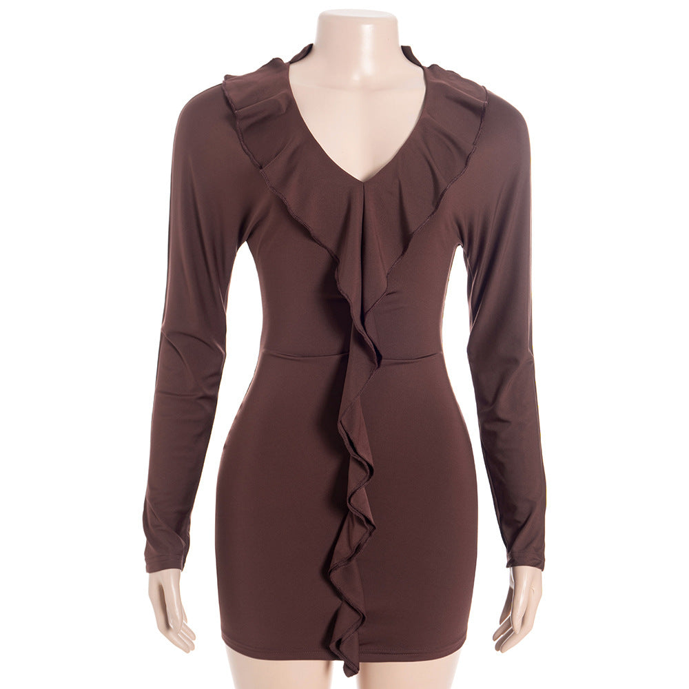 MB1312 Chocolate Brown V-Neck Ruffle Bodycon Mini Dress