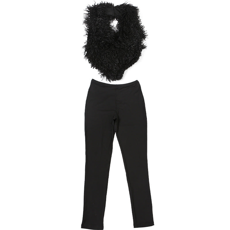MB1801 Women's Faux Fur Trim Top & High Waist Leggings Two-Piece Outfit