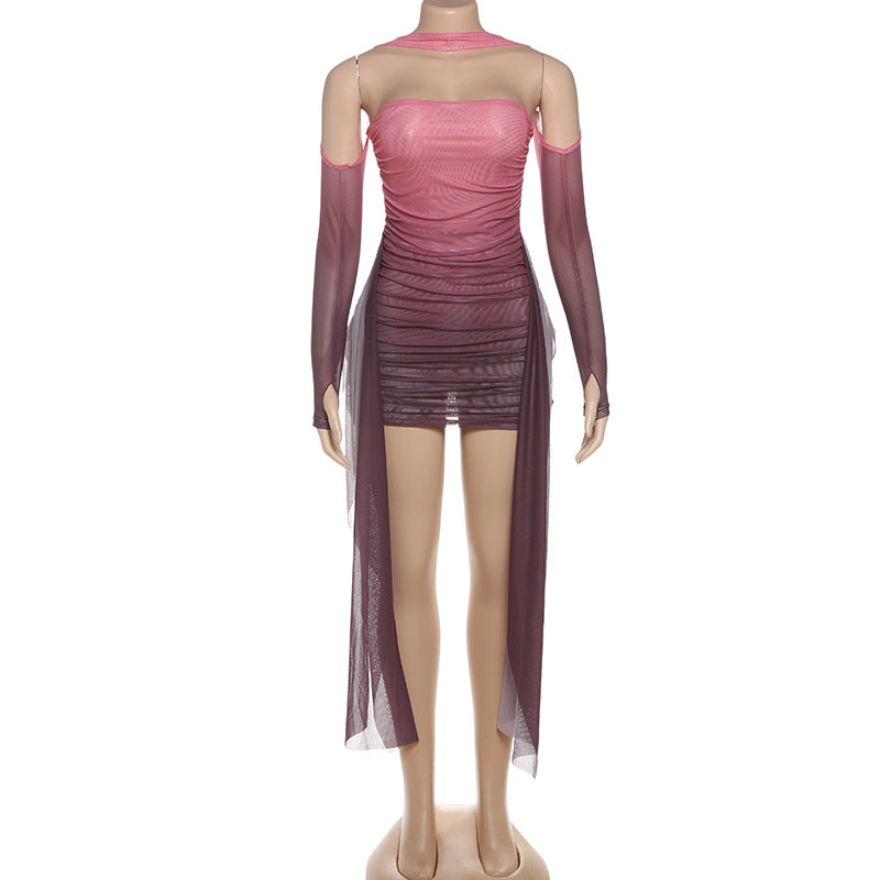 MB1809 Women's Pink-to-Red Gradient Ruched Mini Dress