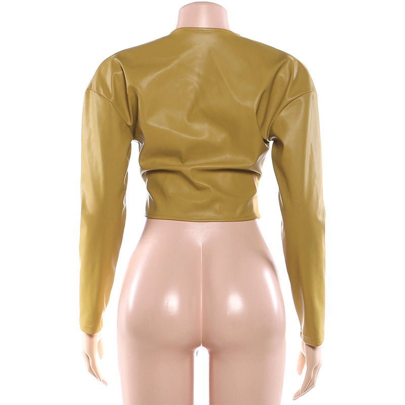 MB1840 Mustard Faux Leather Corset Crop Top | Long Sleeve Zip-Up Blouse