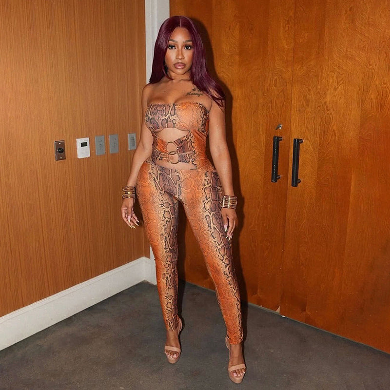 MB10192 Women Snake‑Print Strapless Bodycon Jumpsuit