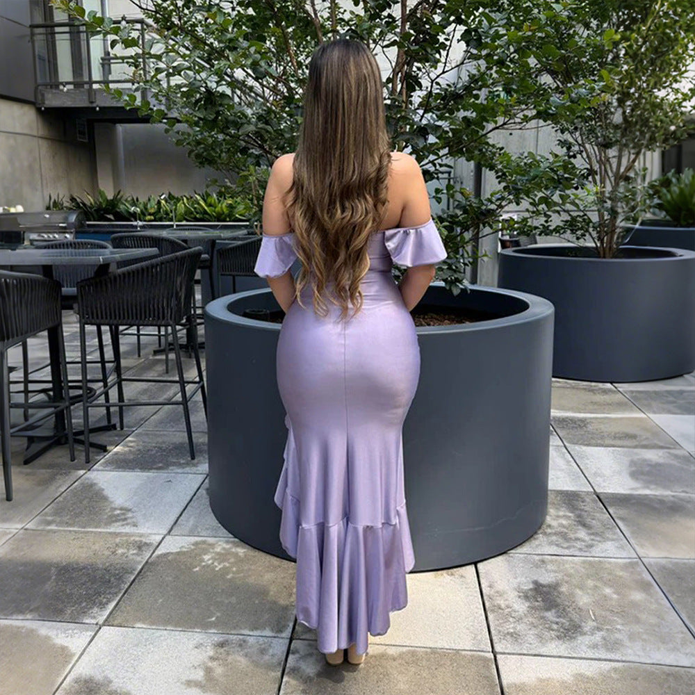 MB1218 Off-The-Shoulder Ruffle Cut-Out Midi Dress