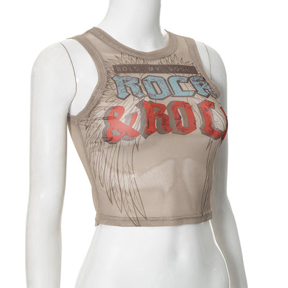MB1026 Mesh Crop Top with Rock and Roll Print