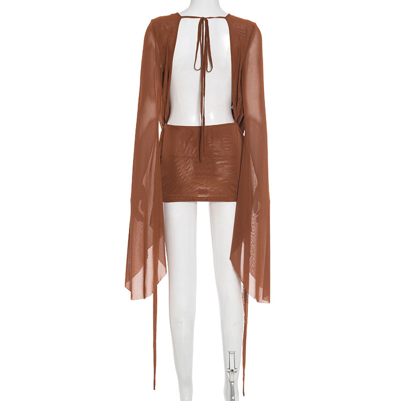 MB1031 Women's Mesh Backless Dress with Draped Neckline