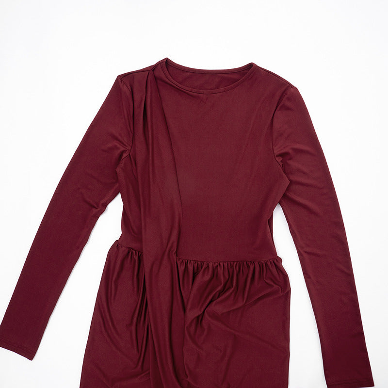 MB1402 Crew Neck Long Sleeve High Slit Maxi Dress