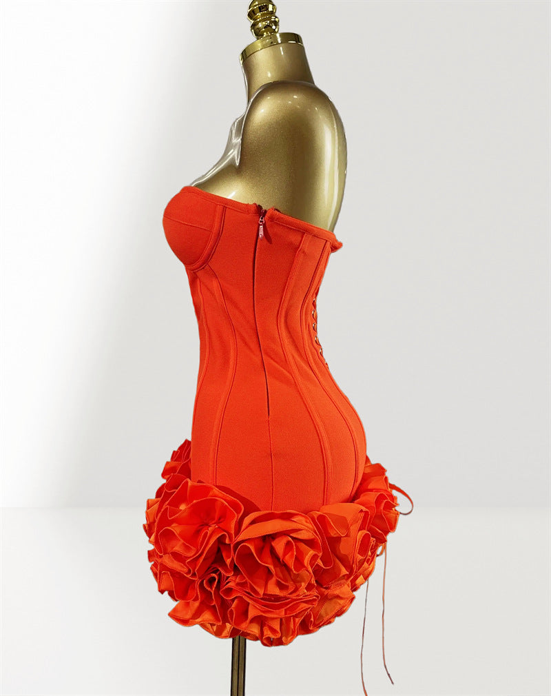 MB2104 Bandage Mini Dress, 3D Floral Ruffle Hem, Music Festival Gown