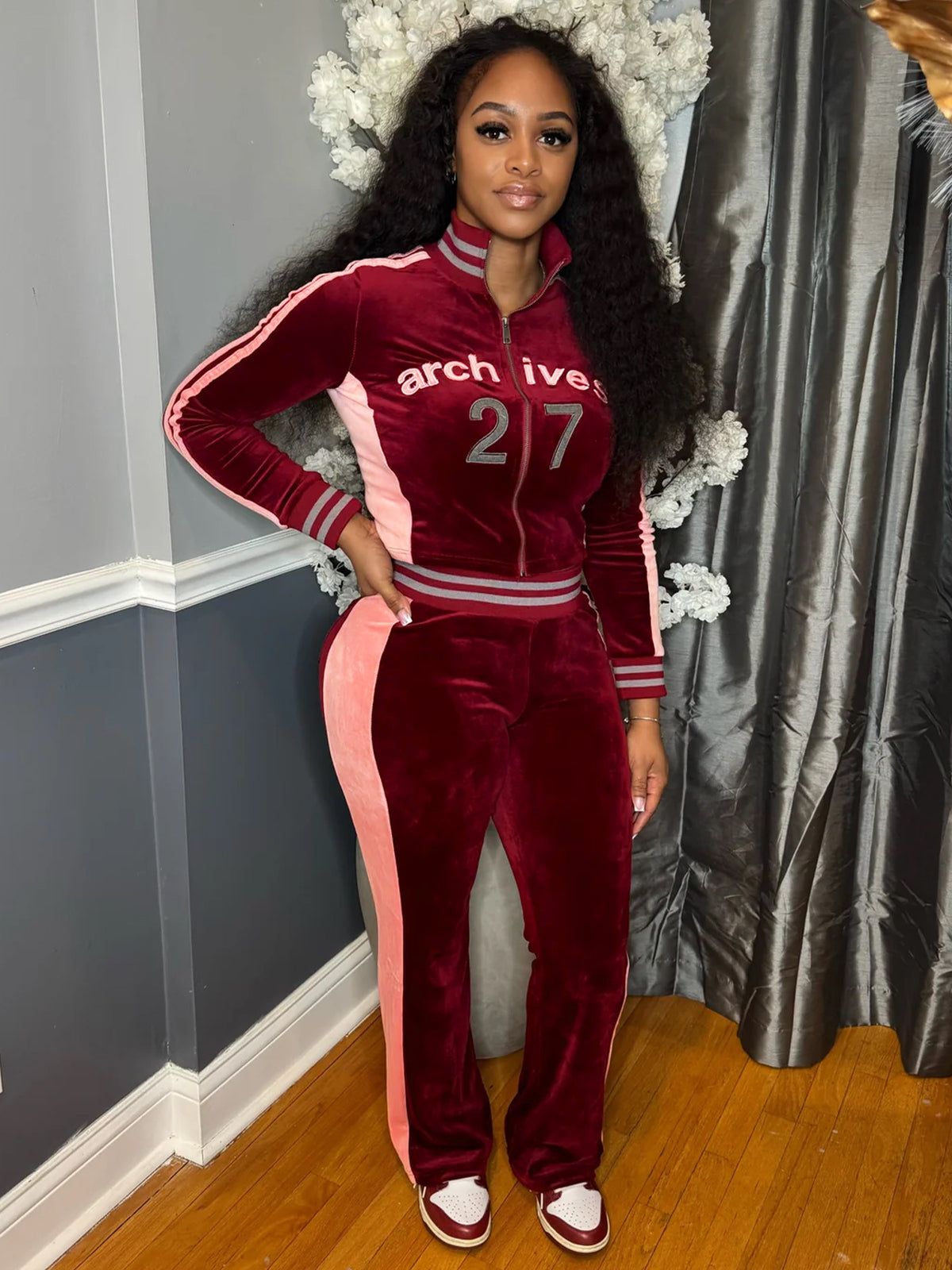 MB1735 Velour Cropped Jacket & Side‑Stripe Flare Pants 2‑Piece Set