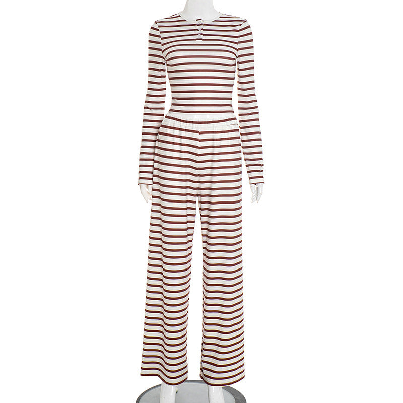 MB1425 Striped Loungewear: Long Sleeve Top + Wide Leg Pants