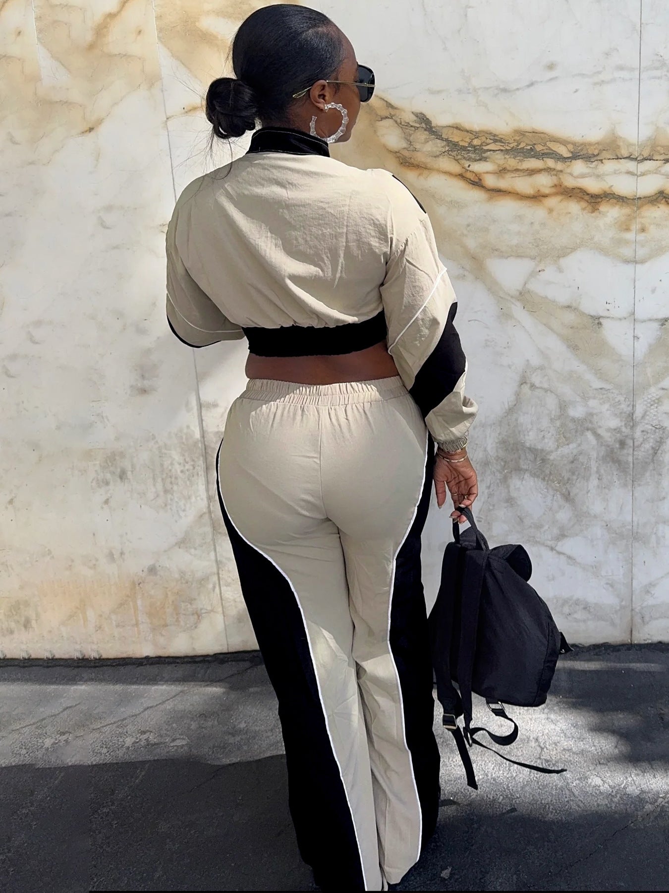 MB1705 Color Block Crop Jacket & Wide Leg Pants Two-Piece Set for Women