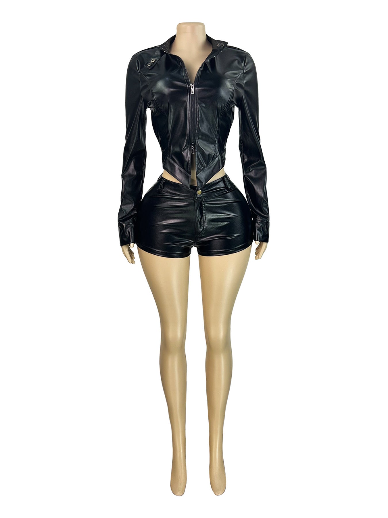 MB1702 Leather Stand Collar Biker Two-Piece Set