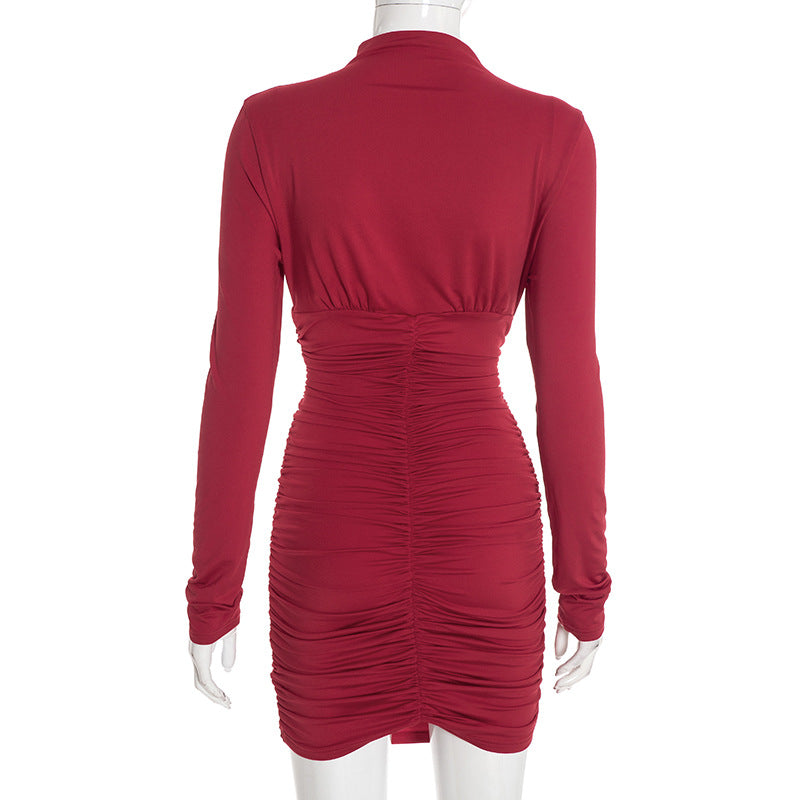MB1435 Burgundy Turtleneck Ruched Bodycon Mini Dress - Long Sleeve Ruched Detail Evening Dress for Women