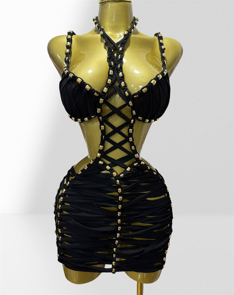 MB2101 Beaded Halter Dress, Beach Vacation Party Performance Evening Gown
