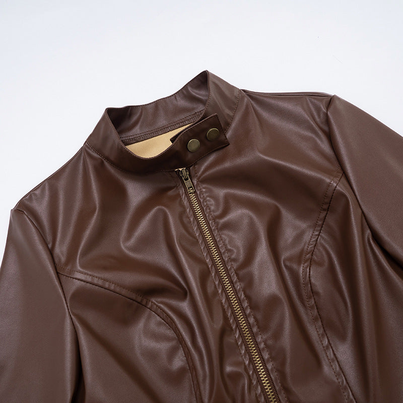 MB1040 Stand Collar PU Leather Zip-Up Jacket