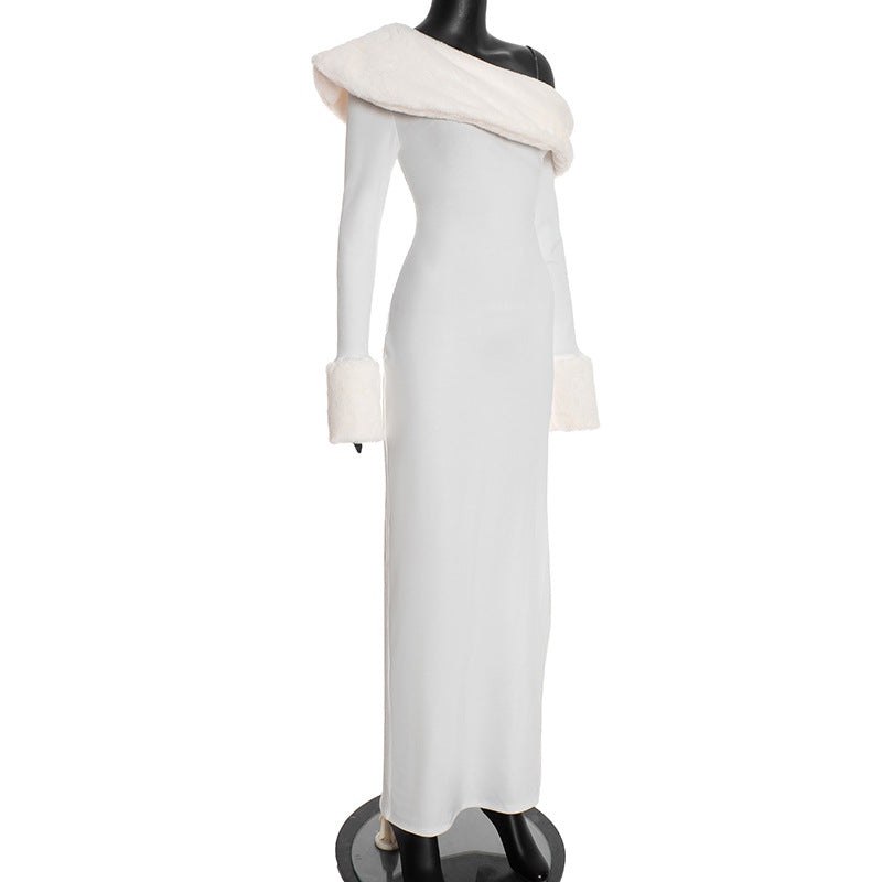MB1419 White Faux Fur Trim Bodycon Maxi Dress for Women