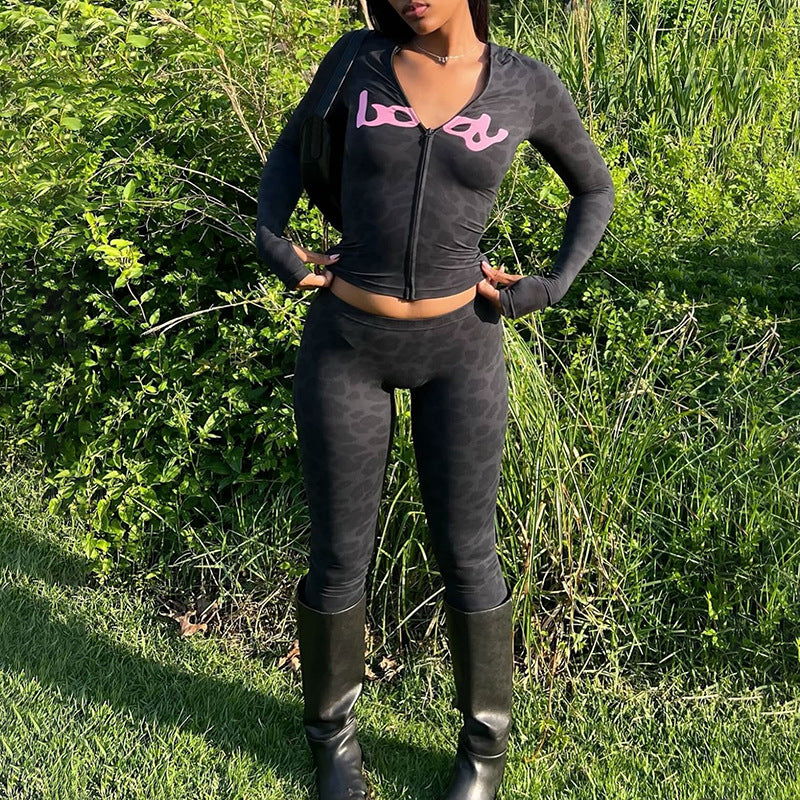 MB1802 Women's Leopard Print Hooded Top & Slim-Fit Pants Two-Piece Set