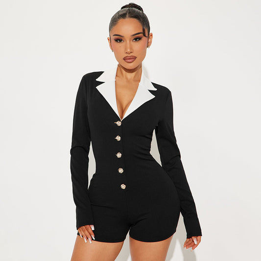 MB10132 Women's Black & White Contrast Collar Button Front Bodycon Romper