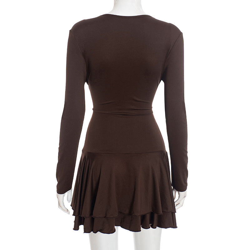 MB1446 Women's Brown V Neck Ruched Fit and Flare Dress