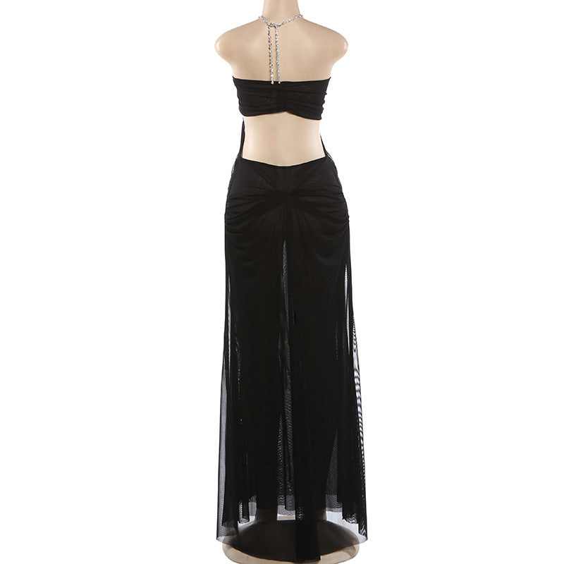 MB1902 Light Blue Sheer Mesh Halter Maxi Dress – Rhinestone Cutout Party Gown