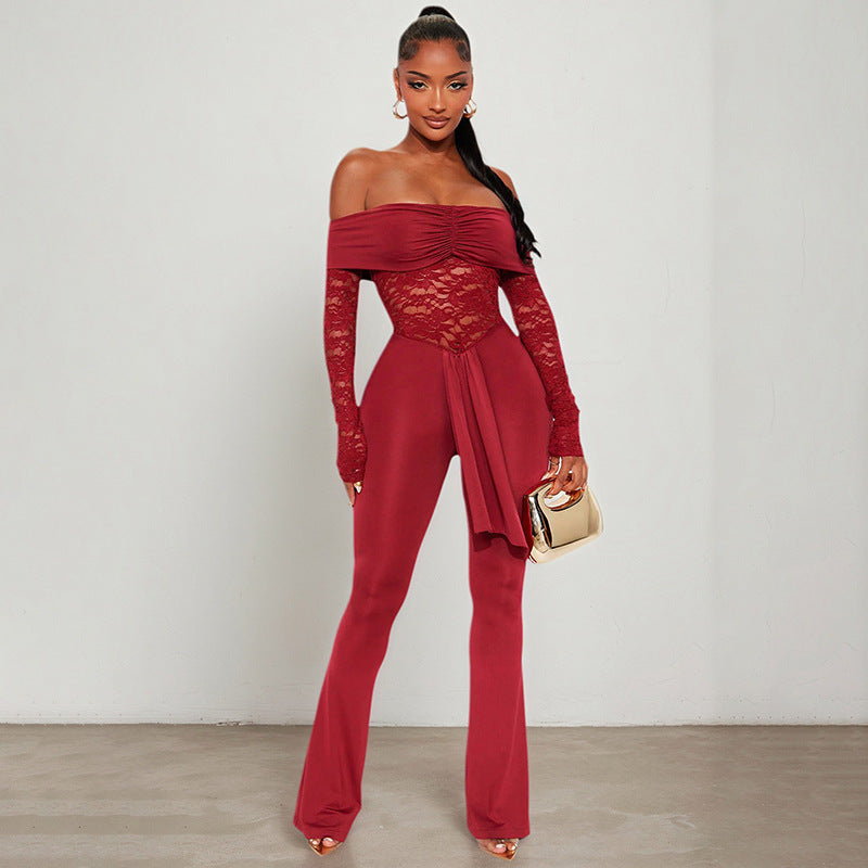 MB1420 Off-the-Shoulder Lace Flared Leg Jumpsuit for Women