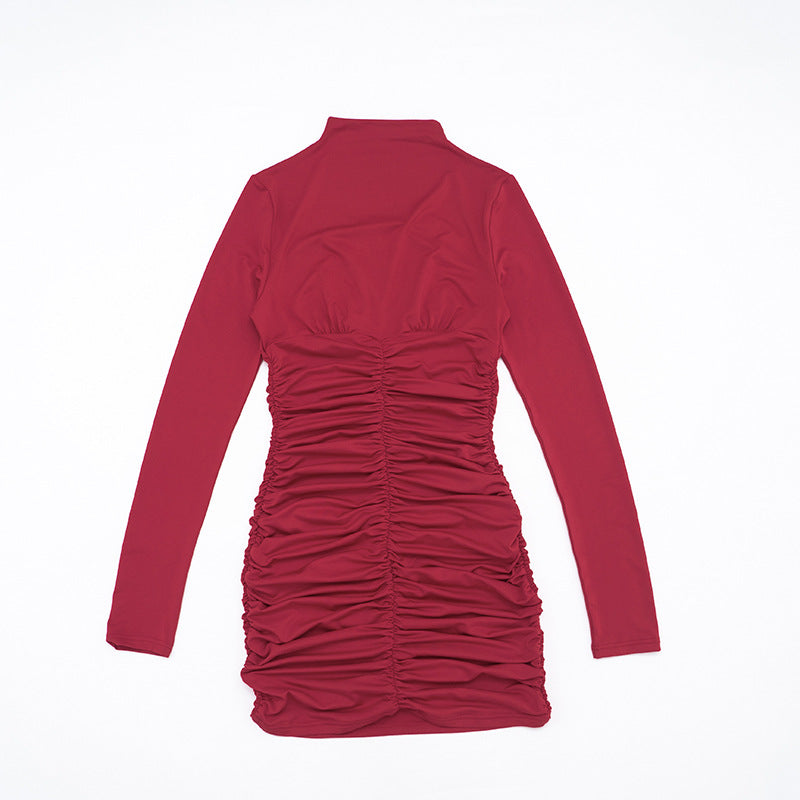 MB1435 Burgundy Turtleneck Ruched Bodycon Mini Dress - Long Sleeve Ruched Detail Evening Dress for Women