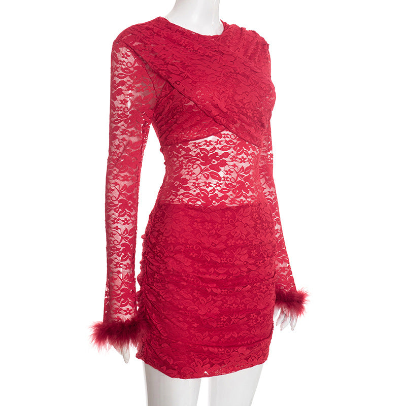 MB10117 Lace Sheer Bodycon Dress with Fur Cuff Detail